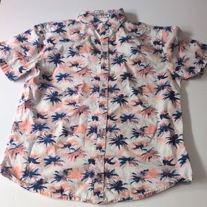 Denim & Flower Palm Print Casual Shirt in Navy and Peach